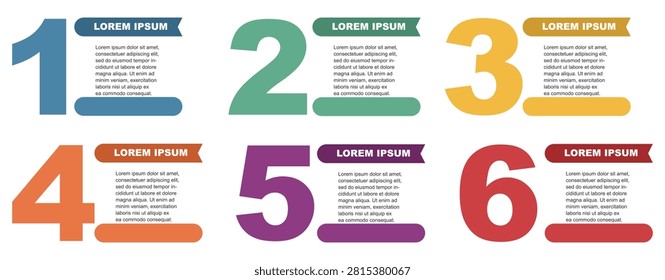 Six steps numbered option banner vector set featuring colorful large numbers header text boxes white background presentation layout design