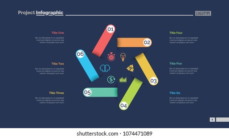 Six steps process chart slide template. Business data. Structure, diagram, design. Creative concept for infographic, presentation. Can be used for topics like management, production, workflow.