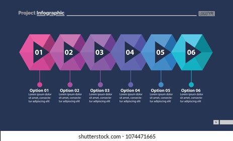 Six steps process chart slide template. Business data. Option, diagram, design. Creative concept for infographic, presentation. Can be used for topics like marketing, logistics, production.