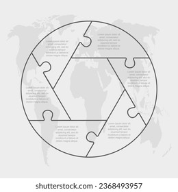 Infografik in sechs Schritten des Rätsel-Diagramms. Business, Idee, Flow-Konzept. Silhouette für 6 Optionen, Teile, Prozesse. Jigsaw Timeline Info Grafik. Kann für Prozess, Präsentation verwendet werden