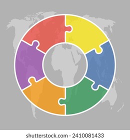 Infografik in sechs Schritten des Rätsel-Diagramms. Business, Idee, Flow-Konzept. Silhouette für 6 Optionen, Teile, Prozesse. Jigsaw Timeline Info Grafik. Kann für Prozess, Präsentation verwendet werden