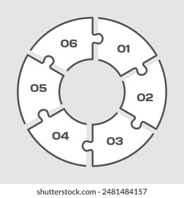 Six steps puzzle diagram infographic. Business, idea, flow concept. Template silhouette for 6 options, parts, processes. Jigsaw timeline info graphic. Can be used for process, presentation