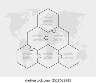 Infográfico de linha de quebra-cabeça em seis passos. Negócios, ideia, conceito de fluxo. Modelo para 6 opções, peças, processos. Gráfico de informações do quebra- cabeça. Pode ser usado para processo, apresentação, layout, banner, gráfico