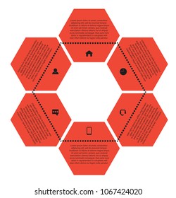 Six steps red infographic. Presentation template. Vector illustration.