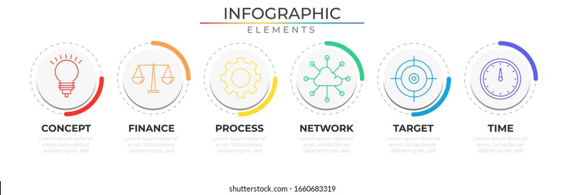 SIx steps timeline infographic with circle elements and icons. Chart process template. Modern vector for company or corporate business project and presentation. Trendy Eps10 design