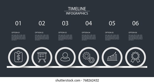 Six steps timeline infographics - for illustrate a strategy, workflow or team work, minimal style, vector illustration