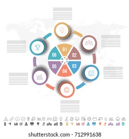Six steps, Timeline Infographics layout with icons set, in black and white and colorful versions.