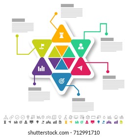 Six steps, Timeline Infographics layout with icons set, in black and white and colorful versions.