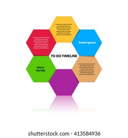 Six steps timeline objects. Hexagon shape with reflection below. Place for text inside elements. Flat design infographic. Vector illustration.