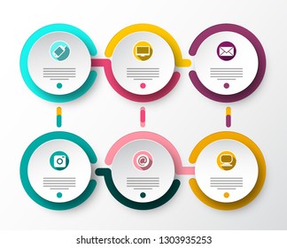 Six Steps Vector Paper Infographic Layout with Circles and Icons. Infographics Data Flow Design.