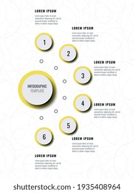 Plantilla de infografía vertical de seis pasos en colores amarillo y gris de moda. Visualización moderna de datos empresariales con cuadros de texto. Ilustración vectorial fácil de editar y personalizar. Eps 10