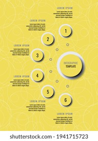 Plantilla de infografía vertical de seis pasos en un fondo amarillo. Visualización moderna de datos empresariales con cuadros de texto. Ilustración vectorial fácil de editar y personalizar. Eps 10
