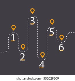 Six Steps Winding asphalt road with pin-pointers. Vector EPS 10
