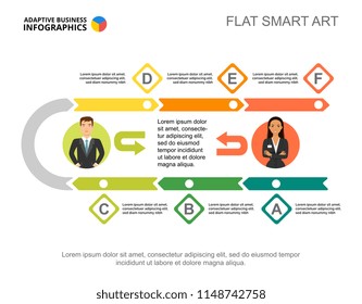 Six steps workflow process chart template for presentation. Vector illustration. Diagram, graph, infochart. Vision, project, planning or marketing concept for infographic, report.