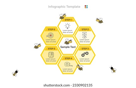 Sechs Stufen gelber Bienenstock mit Bienen auf weißem Hintergrund. Hexagon-Vorlage für geometrische Geschäftsinformationen. Vektorgrafik.
