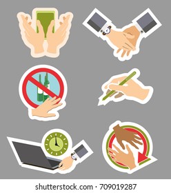 Six stickers with hands. Set of Images. Vector illustration
