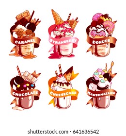 Six stickers with ribbon and different milkshakes. Vector illustration isolated on a white background.