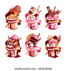 Six stickers with ribbon and different milkshakes. Vector illustration isolated on a white background.