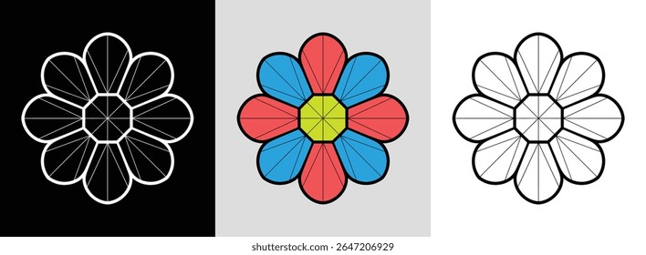 Six straight-edged petal mandala with central hexagon and bright colors for bold decor.