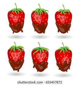 Six strawberry berries in chocolate under different lighting angle