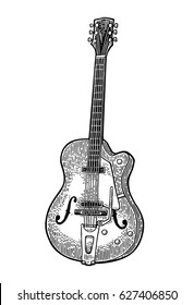 Six String semi acoustic guitar. Vintage vector black engraving illustration for poster, web. Isolated on white background.