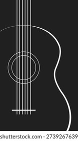 six strings acoustic guitar white silhouette on black background, musical instrument banner, jazz festival vertical poster template