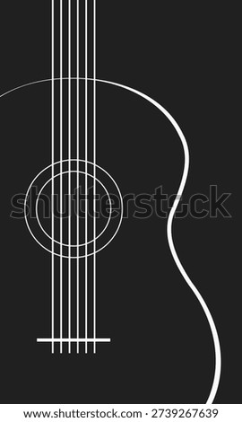 six strings acoustic guitar white silhouette on black background, musical instrument banner, jazz festival vertical poster template