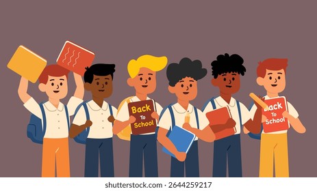Seis alunos de diferentes origens levantando livros e torcendo