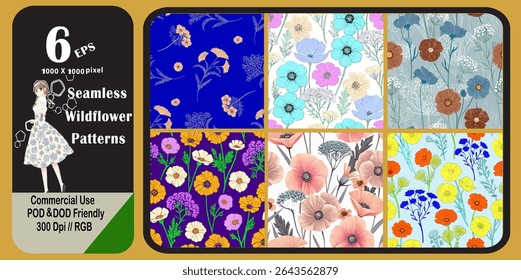 Six stunning seamless wildflower patterns featuring vibrant floral designs. Perfect for creating eye-catching prints, fabrics, or elegant backgrounds. Ideal for POD and commercial use.