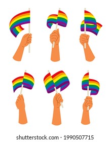 Six Style of Hands Hold a Rainbow Flag for the LGBT Activity.