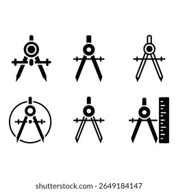Six Stylish Black Compass Icons Geometric Engineering and Architectural Design Elements