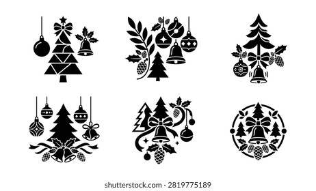 Six stylish black and white Christmas tree icons featuring baubles bells and bows