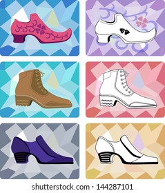 Six stylish man shoes isolated on faceted background. Created in Adobe Illustrator. Image contains gradients. EPS 8.