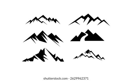 Six stylized black mountain range icons, various peak shapes and sizes. Simple, minimalist designs suitable for logos or graphics. Includes a mountain with a winding road.