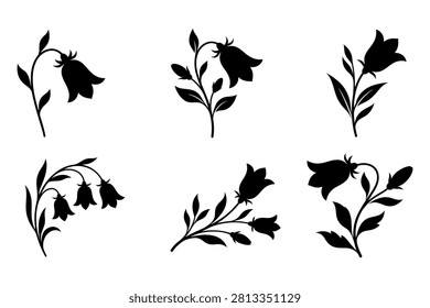 Six stylized black silhouettes of flowers and leaves on transparent background