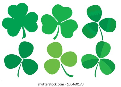 Six stylized clovers isolated on white background