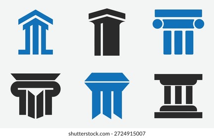 Seis colunas estilizadas em cores azul e preto representando negócios e arquitetura