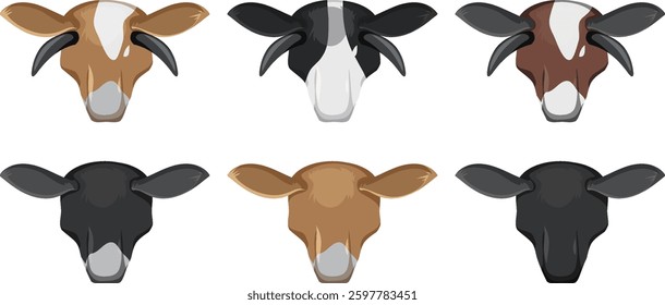 Six stylized cow heads in various colors