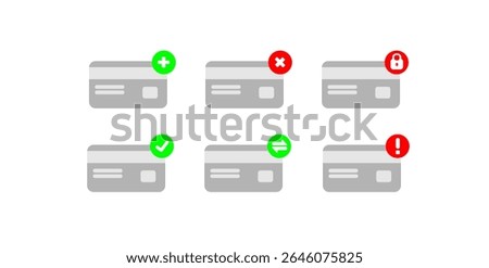 Six stylized credit card icons with different status indicators: add, remove, success, lock, transfer, and warning.