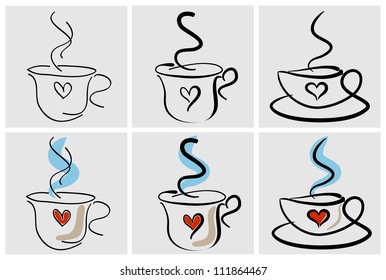 Six stylized cups of coffee with heart