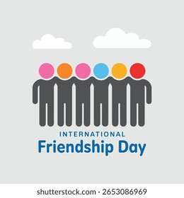 Six stylized figures stand shoulder to shoulder, their heads in pink, orange, light blue, yellow, and red. They are dark gray, simple figures against a light gray background with white clouds. 