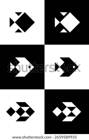 Six stylized fish icons are arranged in a grid pattern with alternating black and white backgrounds.