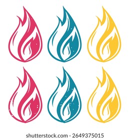 Six stylized flame icons arranged in two rows of three. The flames are colored pink, teal, and yellow, with a distressed texture effect.