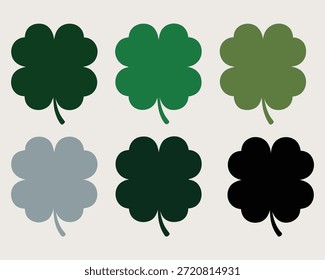 Seis estilizadas Formas de trébol de cuatro hojas en diferentes tonos de verde, gris y negro dispuestas en dos filas sobre un fondo claro.