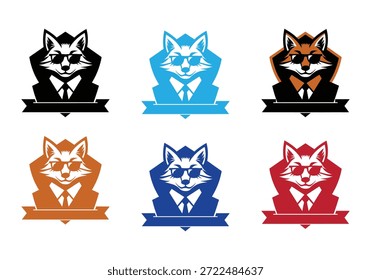 Seis mascotas de zorro estilizadas con gafas de sol y corbatas en diferentes colores negro