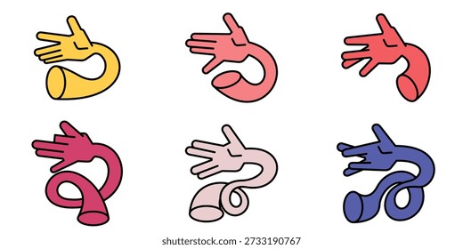 Seis mãos estilizadas fazendo gesto de círculo em variações surreais lúdicas com braços coloridos e poses expressivas.