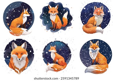 Six stylized illustrations of red foxes. Each fox is depicted within a circular frame against a backdrop of a night sky with constellations and stars.