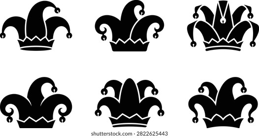 Six stylized jester crowns featuring three different feather variations arranged neatly in two rows on transparent background