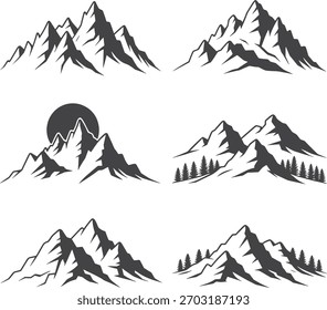 Sechs stilisierte Bergketten-Illustrationen auf Dunkelgrau