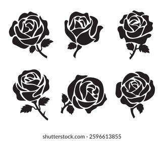 Six stylized rose silhouettes, perfect for graphic design, tattoos, and other creative projects.